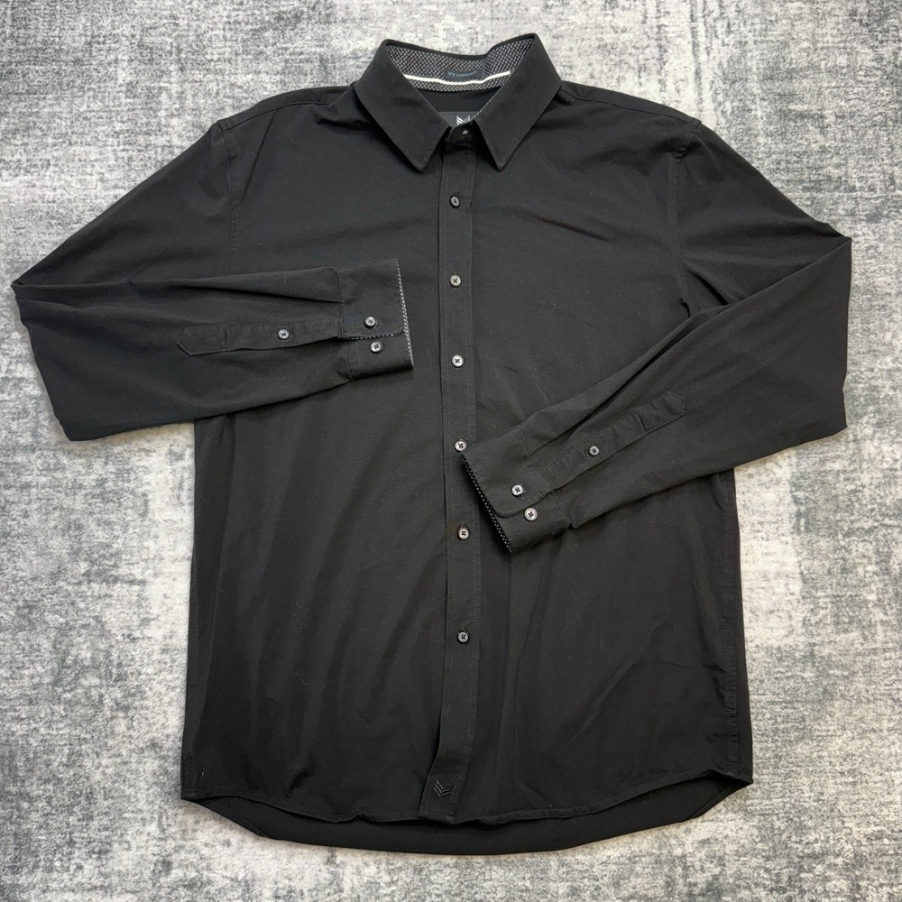 Buttercloth Shirt Mens Large Regular Fit Black Icy Cotton Stretch Flip Cuff
